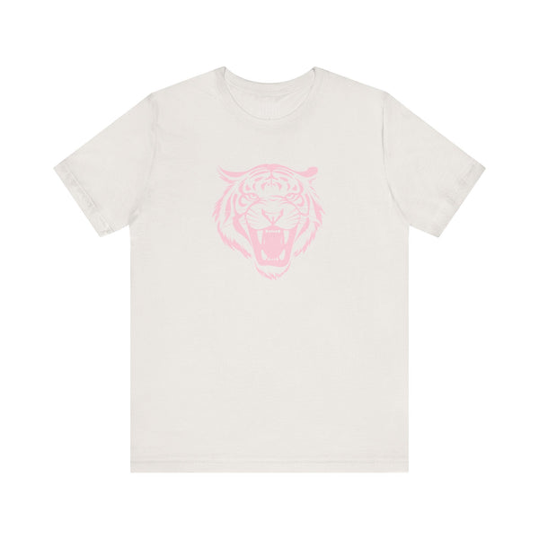 white aesthetic t shirt with pastel pink roaring tiger head graphic design