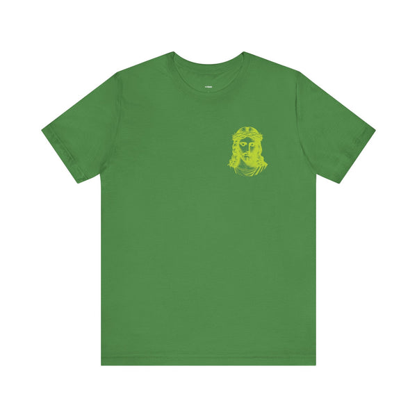 Lime green Jesus t-shirt with jumbo back print and mini front left graphic, soft cotton streetwear tee