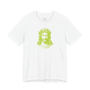 White Christian graphic tee with bold lime green Jesus face print on front, made of soft cotton, unisex streetwear style