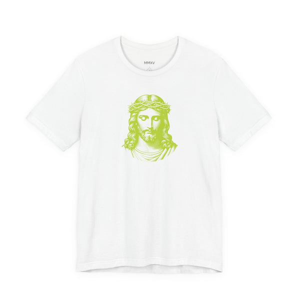 White Christian graphic tee with bold lime green Jesus face print on front, made of soft cotton, unisex streetwear style