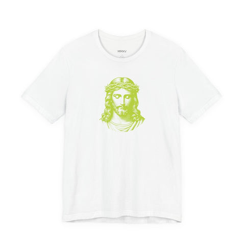 White Christian graphic tee with bold lime green Jesus face print on front, made of soft cotton, unisex streetwear style