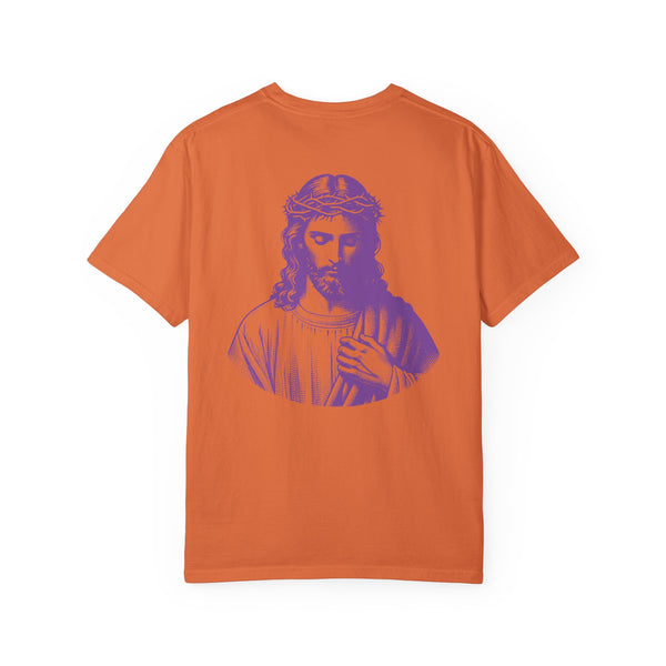 Orange religious shirt with large purple Jesus graphic on the back, featuring iconic religious streetwear design.