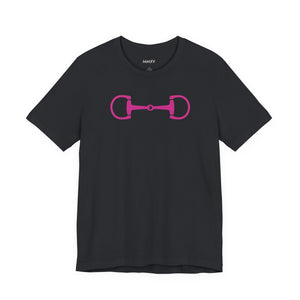 Black graphic tee with hot pink horse bit print equestrian clothing design