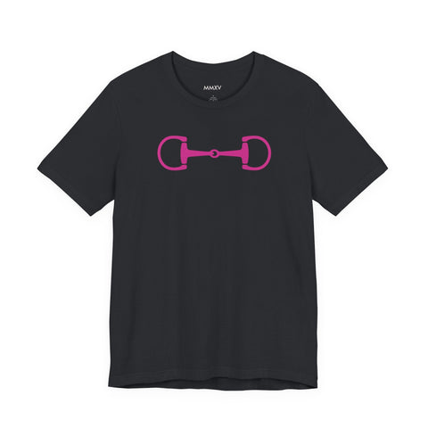 Black graphic tee with hot pink horse bit print equestrian clothing design