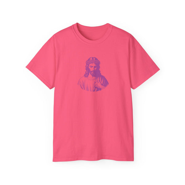 Magenta Jesus T-shirt with graphic print, sustainable cotton, ribbed collar, and durable seams, mid-scale fit.