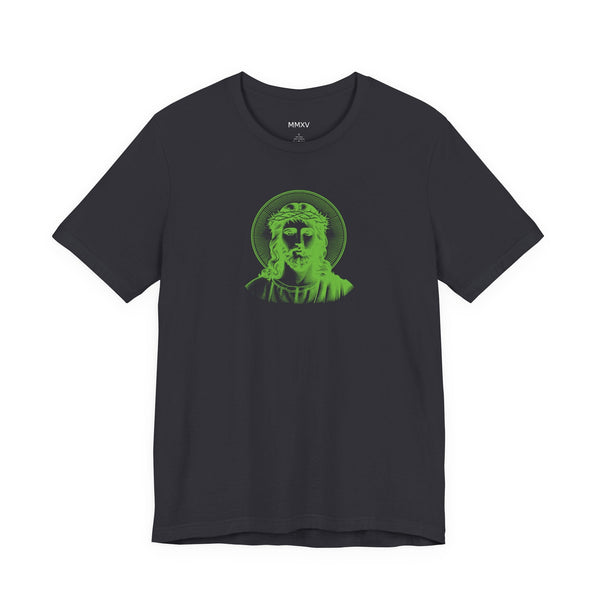 Green mid-scale Jesus halo front print religious graphic T-shirt on black background