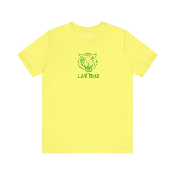 Yellow unisex t-shirt with green roaring tiger graphic and "Live Free" text, breathable cotton streetwear tee