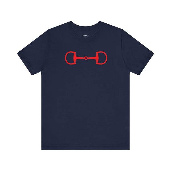Navy blue equestrian t-shirt with a bold red horsebit graphic on the front.