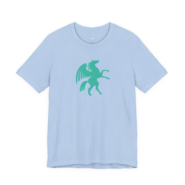 Light blue unisex tee with turquoise Pegasus graphic symbolizing flight and power, made of 100% cotton, perfect cool graphic t shirts.