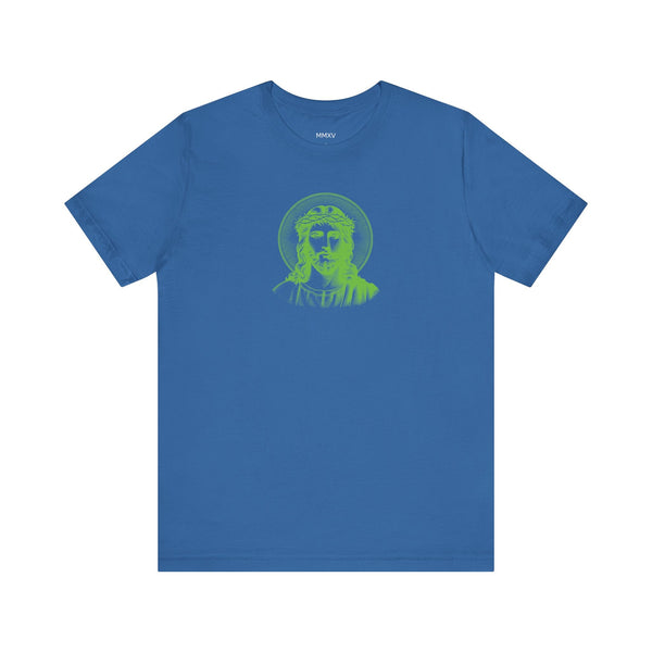 Blue t-shirt with green Jesus halo front print religious graphic tee