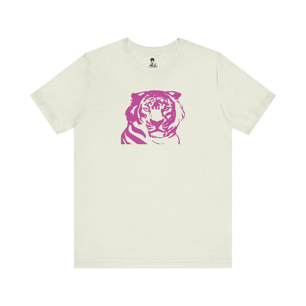 70s style retro tee with pink tiger graphic on white cotton shirt