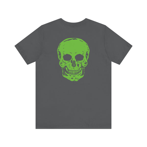Gray tee with large neon green skull graphic on back for music festival fashion