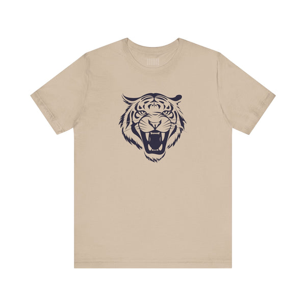 Beige graphic tee featuring a navy blue jumbo retro roaring tiger head front print