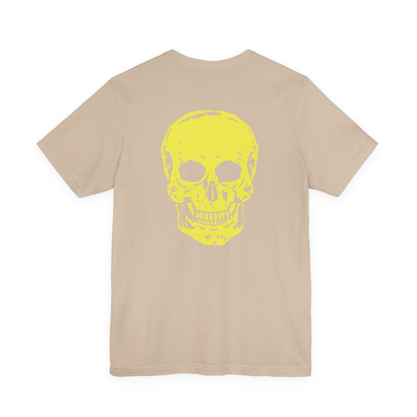Beige underground style unisex t-shirt with a large yellow skull graphic on the back, mini front skull print not visible.