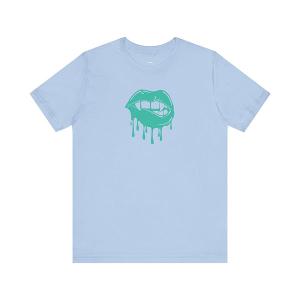 Light blue unisex tee with aqua vampire fangs dripping graphic on front fang t shirt