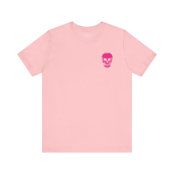 hot pink skull punk rock tee with mini front and jumbo back skull prints
