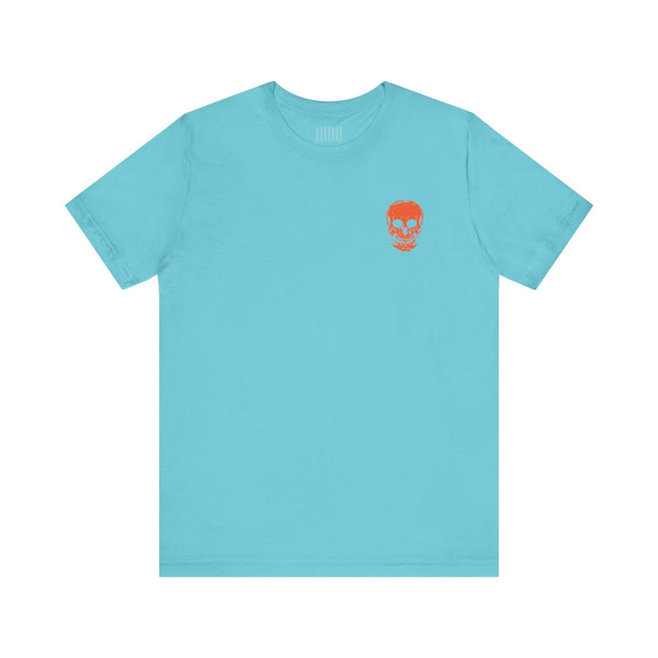 Light blue t-shirt with small orange skull graphic on the front, cool skull shirt design