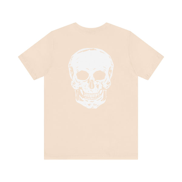 Beige skull graphic t-shirt with a large white skull print on the back and a small skull on the front chest.