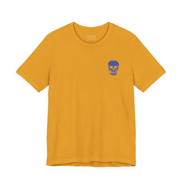 Mustard graphic tee shirt with small blue skull print on front left side, Unisex cotton casual shirt with street-style edge