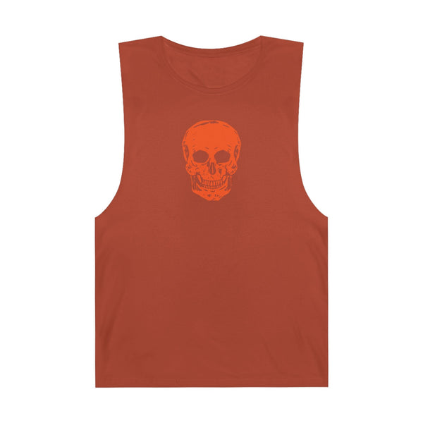 Grunge inspired orange tank top with bold skull graphic and raw sleeveless edges
