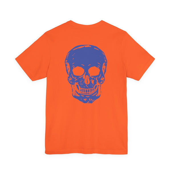 Orange graphic tee shirt with large blue skull design on the back, made of soft cotton.