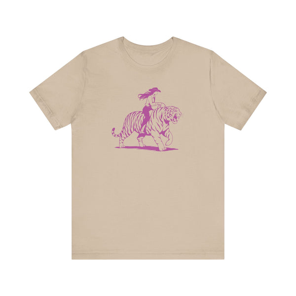 Beige graphic tee with neon magenta cowgirl riding tiger print, retro style, unisex cotton shirt