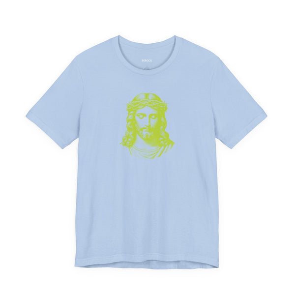 Light blue unisex cotton t-shirt with bold lime green Jesus graphic print on front.
