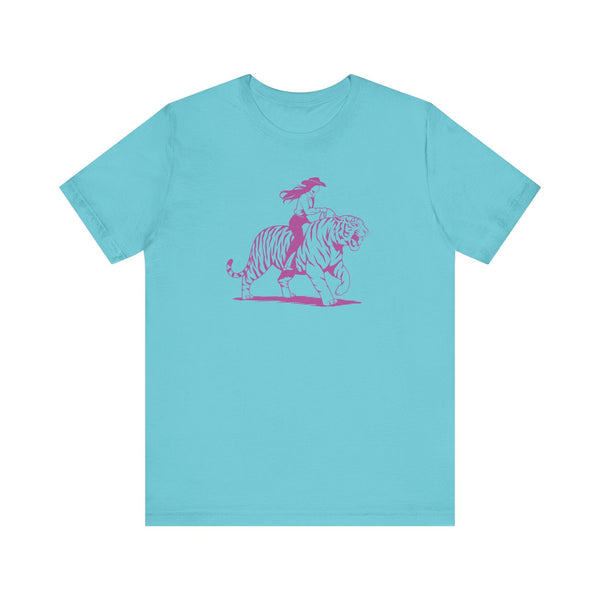 Blue tee with neon magenta cowgirl riding tiger graphic front print