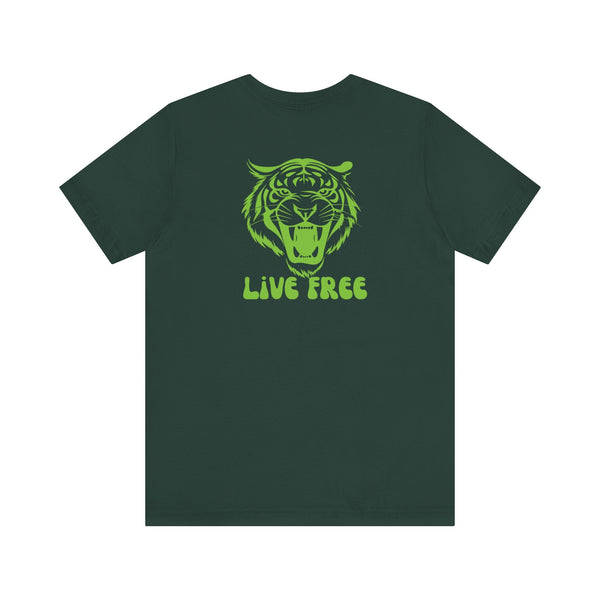 dark green tee with vintage tiger roaring graphic and "LIVE FREE" text back print