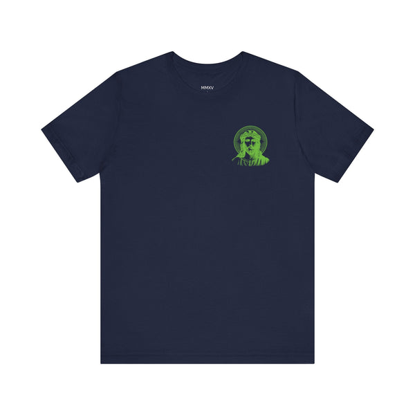 Navy blue t-shirt with green mini Jesus graphic and halo on left chest, made of 100% cotton.