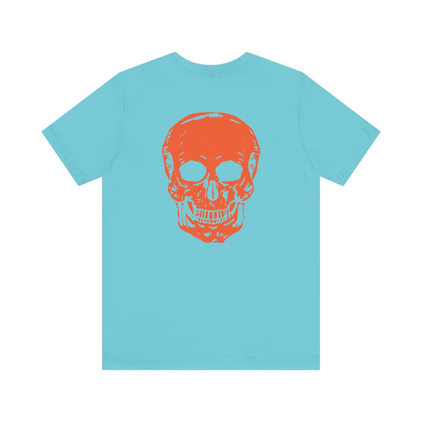 Orange Jumbo Skull Back Print featuring a Mini Orange Skull left Front Graphic Tee