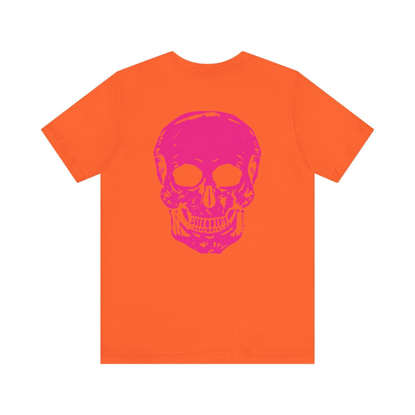 Orange punk rock t-shirt with large bold pink skull graphic on the back.
