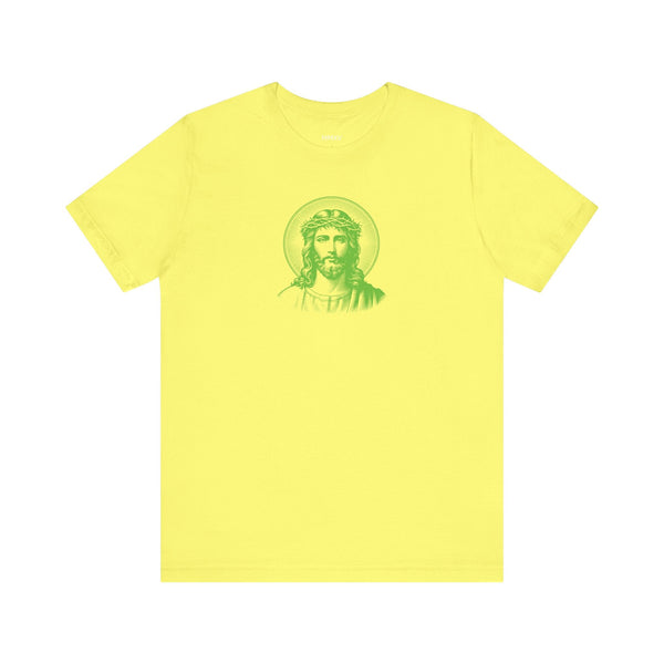Green mid-scale crew neck T-shirt with front halo Jesus graphic print, 100% cotton religious graphic tee