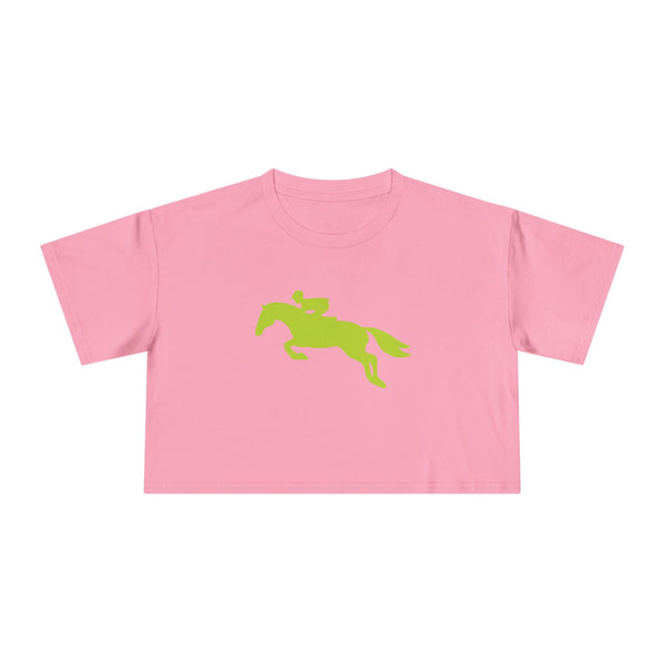 Pink cropped t shirt with green hunter jumper horse riding graphic