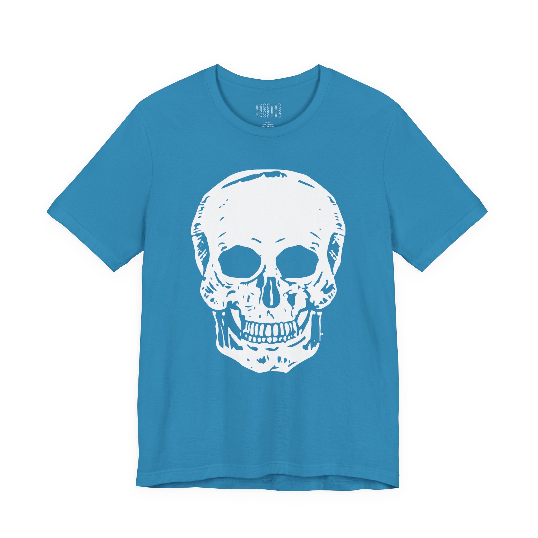 Blue t-shirt with large white skull graphic front print, bold streetwear style.