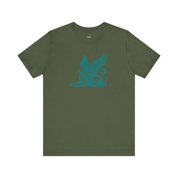 Olive green Gryphon t shirt with mythical winged beast graphic in teal on front, made from soft cotton.