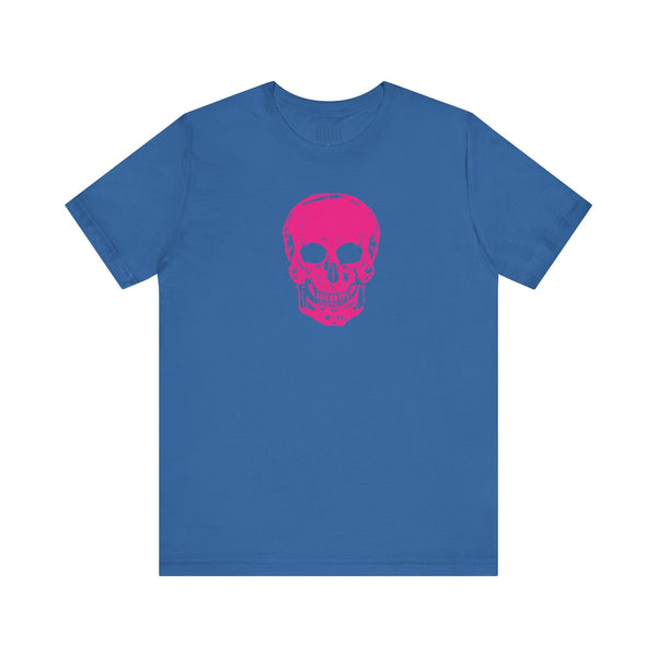 Blue unisex short sleeve t-shirt with vibrant pink skull graphic on front