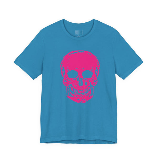 blue t shirt with large pink skull graphic front print edgy t shirt