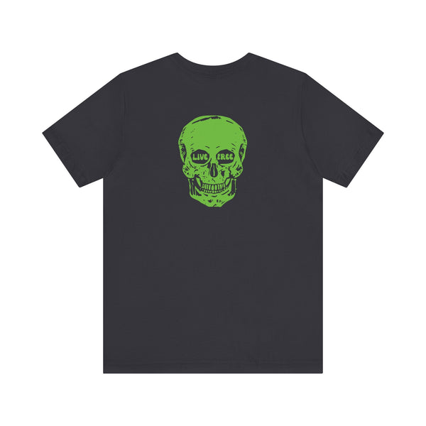 Black unisex skull print t-shirt with neon green "live free" graphic on back