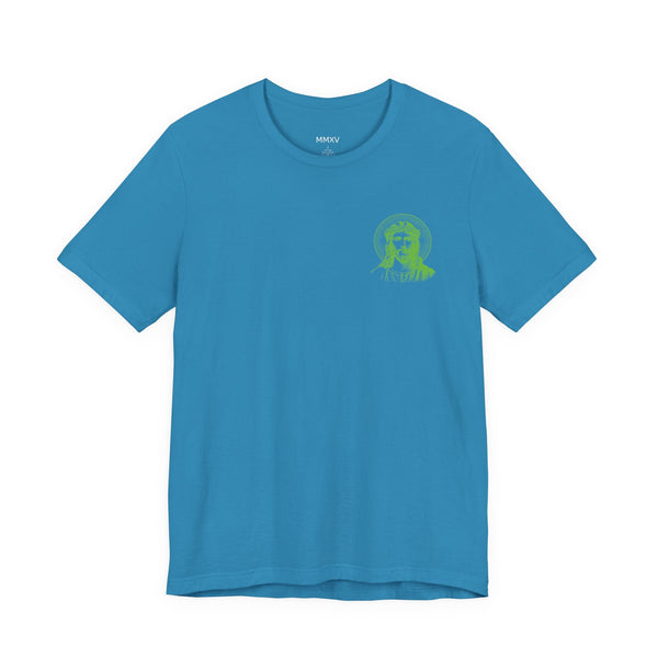 Blue unisex t-shirt with green mini Jesus graphic and halo on left chest