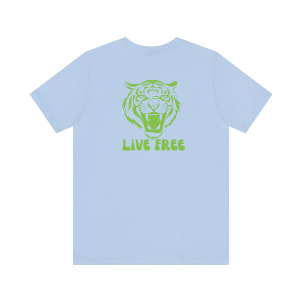 Light blue tee with green vintage tiger roaring graphic and live free text on back