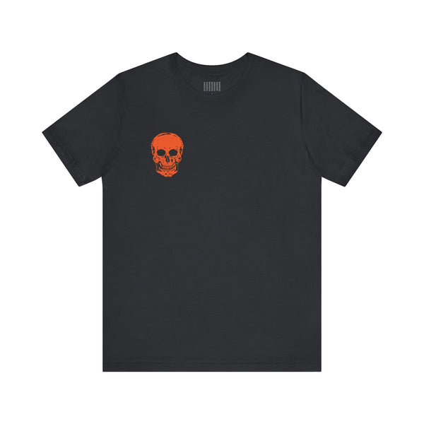 Orange Jumbo Skull Back Print featuring a Mini Orange Skull left Front Graphic Tee