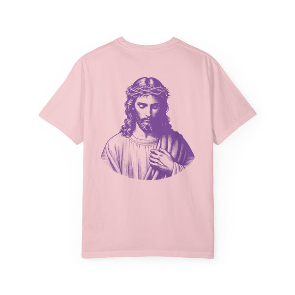 Purple Jumbo Jesus Back Print Tee with Purple Mini Jesus Front Left Graphic Tee - Iconic by Sandra Oles