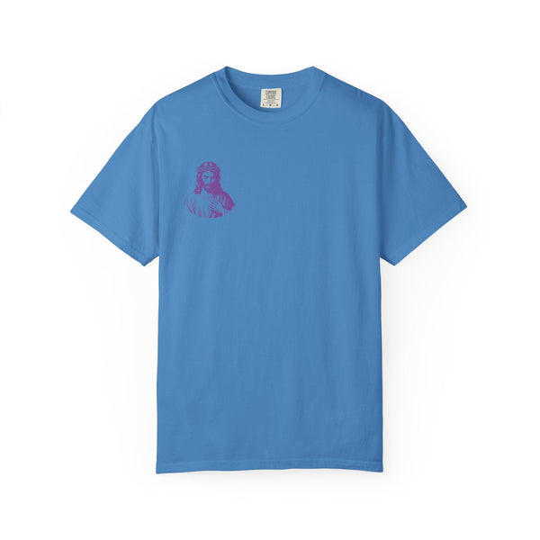 Blue unisex graphic t-shirt with small purple Jesus design on left chest, Christian streetwear style faith-based apparel