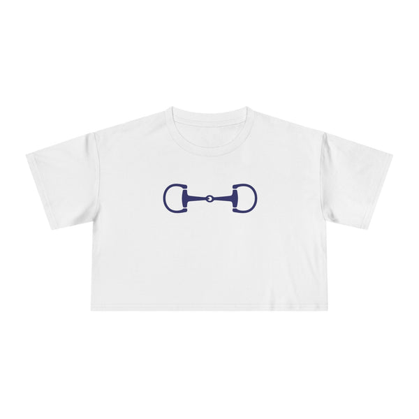 White cropped tee with navy horsebit graphic, relaxed fit, and dropped shoulders, blending equestrian and Ivy League style.