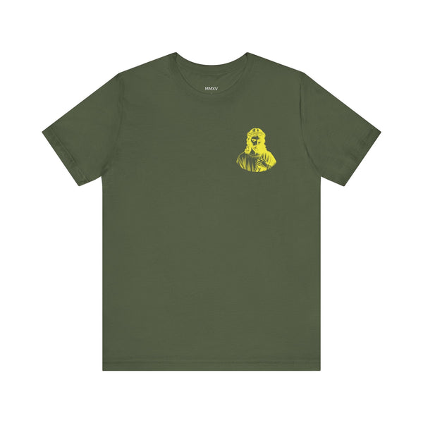 Unisex green crew neck Jesus t shirt with yellow Jesus in crown of thorns print on front left side