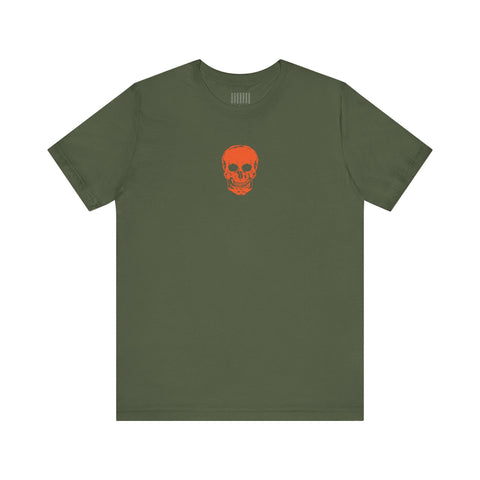 Olive green tee with orange mini skull graphic centered on front, breathable cotton fabric, casual edgy style shirt
