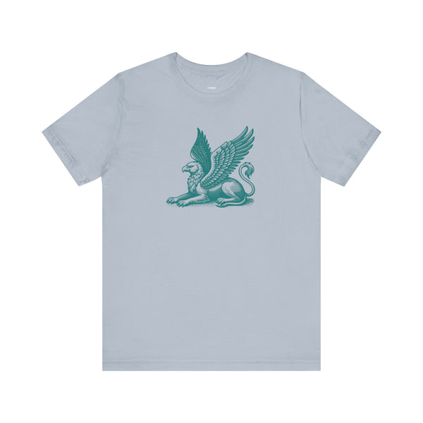 Light gray gryphon t shirt with a detailed teal graphic featuring a winged lion and eagle fusion.