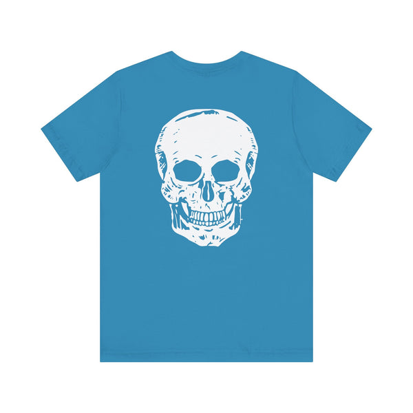 Blue graphic tee with large white skull back print and small white skull front print