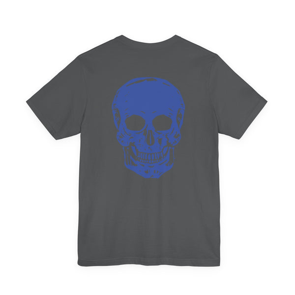 Gray graphic tee shirt featuring a bold blue skull design on the back for streetwear style.